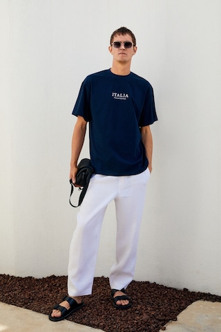 Grimelange ITALIA Erkek %100 Organik Pamuk Ön Arka Baskı Detaylı Oversize Kısa Kol Lacivert T-Shirt