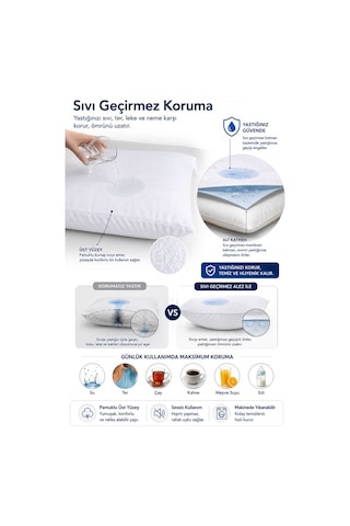 2 Li Sıvı Geçirmez Yastık Alezi Pamuklu Kapaklı 50x70+20 Cm Beyaz