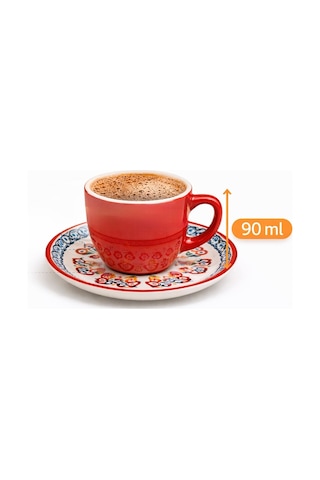 6 Kişilik Türk Kahvesi Fincanı Takımı,12 Parça,90 Ml Seramik Set,mikrodalga/bulaşık Makinesine Uygun Kırmızı