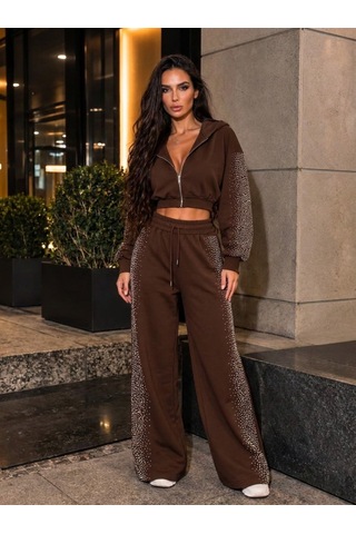 Suma Kadın Fermuarlı Crop Sweatshirt Ve Geniş Paça Eşofman Takımı Taş Baskı Detaylı Kahverengi
