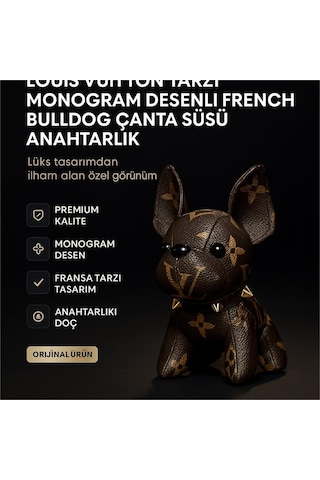 Nixcon Louis Vuitton Tarzı Monogram Desenli French Bulldog Çanta Süsü Anahtarlık Kahverengi - Altın