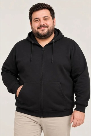 Butik İstanbul Erkek Battal Büyük Beden Üç İplik İçi Şardonlu Kapüşonlu Tam Fermuarlı Kışlık Sweatshirt - Siyah