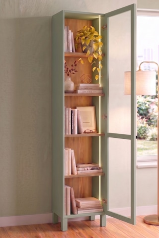 Robin Home Prime Temperli Cam Kapaklı Neon Led Işıklı Dar Alan Vitrin Büfe Kitaplık Ahşap Ayaklı 5 Raflı Sepet-ıhlamur Yeşili 183cm Yd8-sy Yeşil