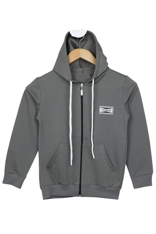Erkek Çocuk Young Yazı Sırtı Desen Fermuarlı Kapüşonlu Gri Hırka