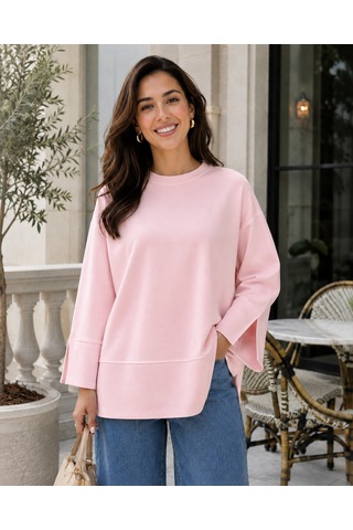 Unika Boutique Kadın Oversize Yırtmaçlı Uzun Kollu Salaş Bluz Pembe
