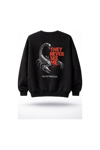 Dark Line Sırt Baskılı %100 Pamuk Siyah Oversize Sweatshirt Scorpion Siyah