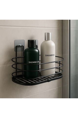 Krom Yapışkanlı Dikdörtgen Tek Katlı Banyo Ve Mutfak Rafı Duş Şampuanlık Duvar Düzenleyici Organizer Siyah