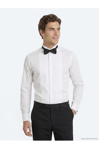 Kip Beyaz Düz Slim Fit Duble Manşet Smokin Gömlek Beyaz -