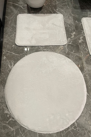 3'lü Yıkanabilir Post Beyaz Banyo Halısı Peluş Klozet Takımı 80x80 Yuvarlak + 50x60 Ve 60x100 Klozet Beyaz