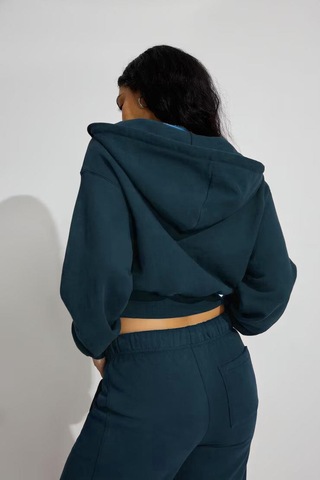 Seeh Lacivert Crop Kapşonlu Fermuarlı Kadın Sweatshirt Sh299 Standart
