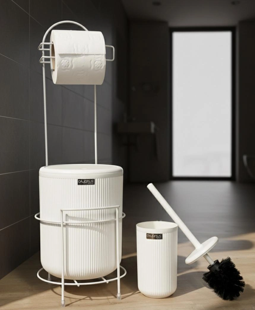 Okyanus Home Beyaz Stantlı Wc Kağıtlık Lineayuvarlak Çöp Kovası Ve Wc Fırça Seti Beyaz