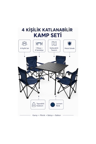 Trendinyeri 4 Kişilik Katlanır Kamp Masa Sandalye Seti Piknik, Bahçe Ve Plaj Kullanımına Uygun Lacivert