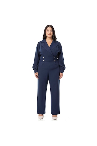 Büyük Beden Kruvaze Yaka Metal Düğmeli Fermuarlı Lacivert Tulum-lacivert Lacivert