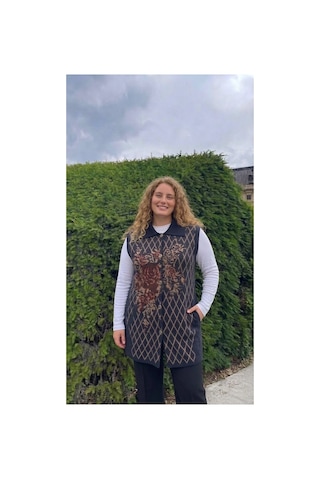 Onno Style Women Büyük Beden Ekose Gül Pike Desenli Çelik Örgü Kadın Triko Yelek Kaban Lacivert
