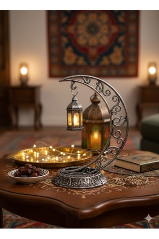 Dekoratif 28 Cm Hilal Eskitme Gümüş Ramazan Led Lamba 10 Cm Kancalı Set Diğer