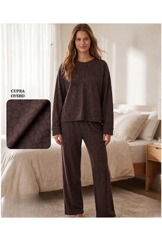 Mihra Mıhra Koyu Kaverengi Leopar Desenlı Kadın Pijama Takımı Koyu Kahverengi