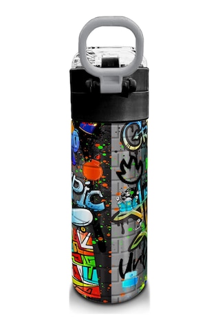 Coral High Kids Siyah Mavi Grafiti Desenli Pipetli Ve Direkt İçim Çelik Termos 500 Ml 31972 Saks Mavi