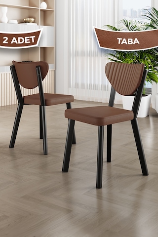 Fubi Serisi 2 Adet Taba Deri Mutfak,cafe, Restaurant Sandalyesi Siyah Metal İskeletli Taba Sandalye Siyah İskelet