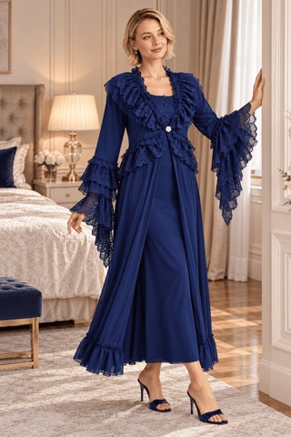 Mecit Pijama Mecit 6411 Lacivert Dantel Detaylı Kadın Sabahlık Gecelik Takım