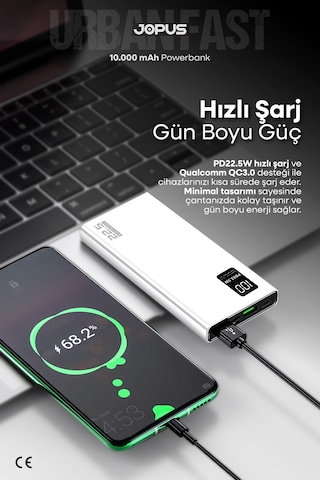 Jopus 10000mah Powerbank Pd 22.5w Hızlı Şarj - Dijital Ekranlı - Taşınabilir Şarj Cihazı Beyaz
