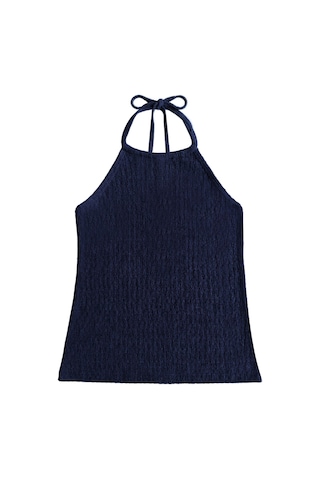Cottonhıll Premium - Tide Collection Lacivert Halter Yaka Boyundan Bağlamalı Bürümcük Dokulu Kadın Crop Bluz