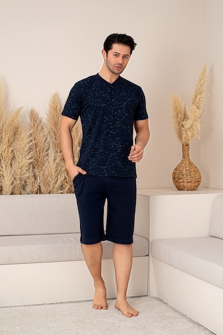 Nisanca Sportif %100 Pamuk Şortlu Erkek Pijama Takımı Lacivert