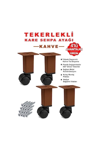 4 Adet 15cm Boy Kahve Kare Plastik Tekerlekli Mobilya Sehpa Ayağı Beyaz