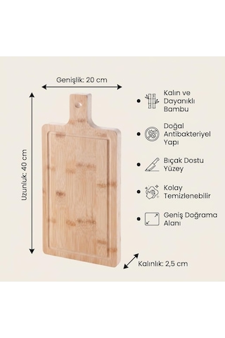 Bambu Kesme Tahtası, 40 X 20 X 2,5 Cm Kalın Doğrama Ve Servis Tahtası, Saplı, Askı Delikli, Oluklu Büyük Boy Mutfak Tahtası Çok Renkli