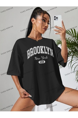 Adrift 1898 New York Baskılı Oversize Kalıp Unisex T-shirt Siyah