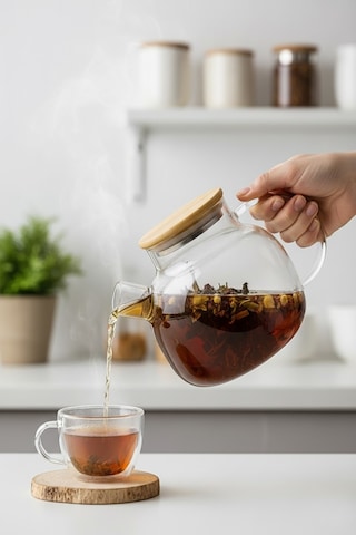 1000 Ml Bambu Kapaklı Isıya Dayanıklı Borosilikat Cam Demlik Ocak Üstü Şeffaf Bitki Çayı Demliği