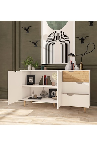 Defne Konsol 140 Cm 2 Kapak 3 Çekmece Konsol Safir Meşe - Beyaz