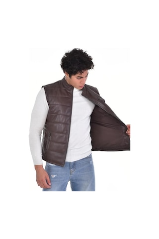 Hakiki Deri Kahverengi Üç Cepli Erkek Deri Yelek Koyu Kahverengi