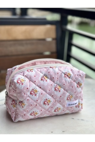 Batekso Mini Pembe Gül Desenli Makyaj Çantası Büyük Boy