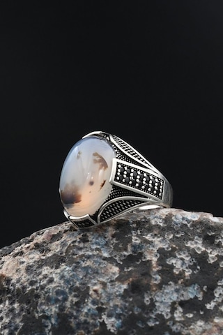 925 Ayar Gümüş Erkek Yüzüğü Yemen Akik Taşlı Mikro Taş Süslemeli 901769 Gümüş