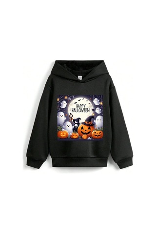 Stil X Halloween - Cadılar Bayramı Baskılı, Kapüşonlu Çocuk Sweatshırt, 3 İplik Şardonlu Siyah-9