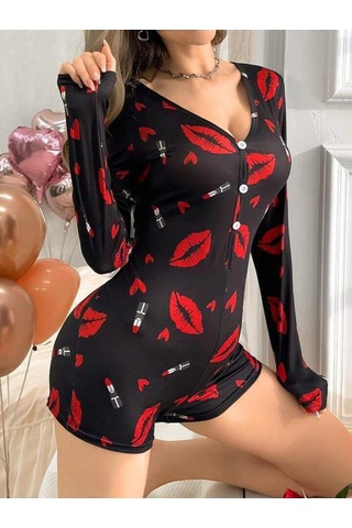 Avastyle Pamuklu Kırmızı Ruj Desenli Düğmeli Uzun Kol Tulum Pijama Ava Çok Renkli
