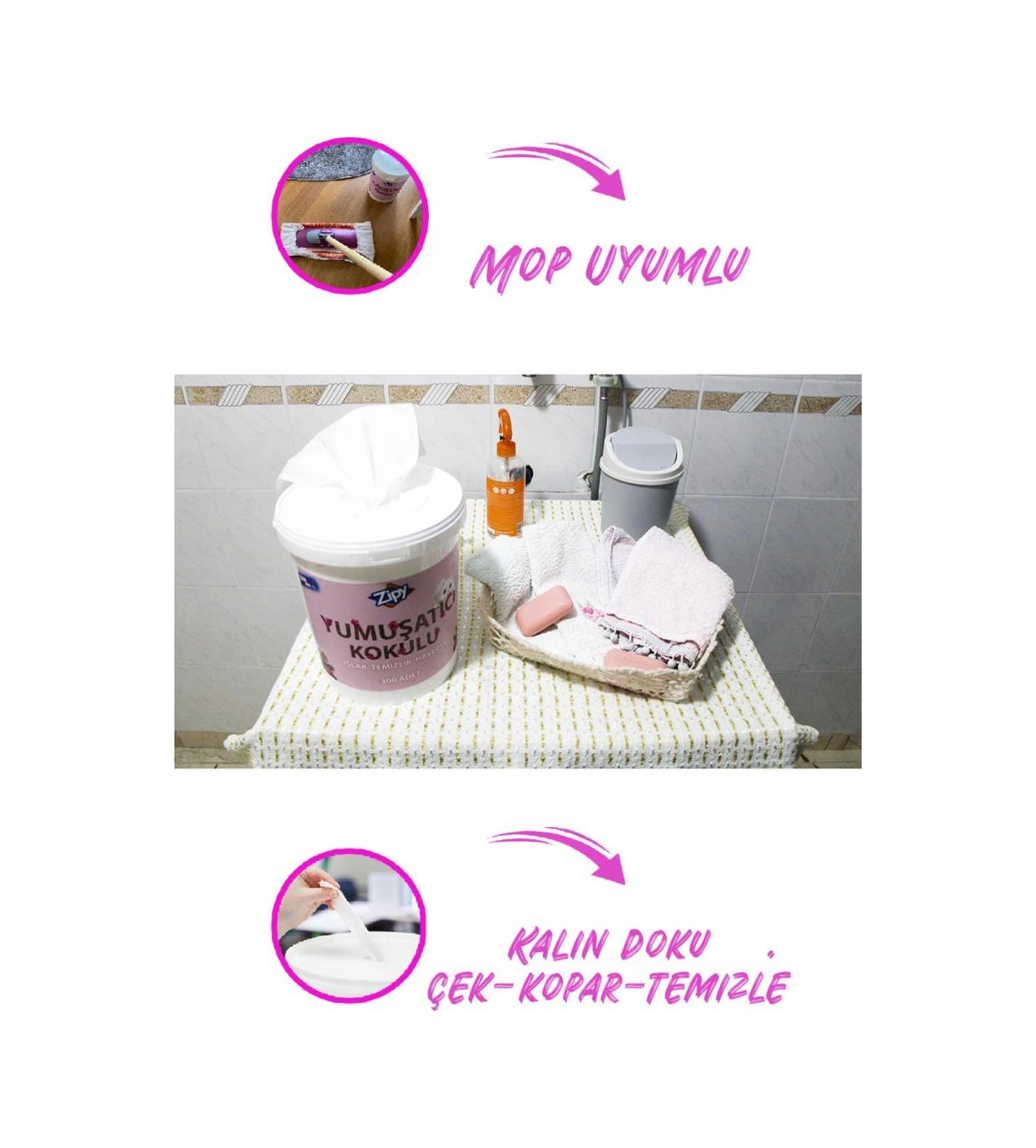 Zipy Yumuşatıcı Kokulu Ev Temizlik Islak Kova Mendil 300 Adet Tekli