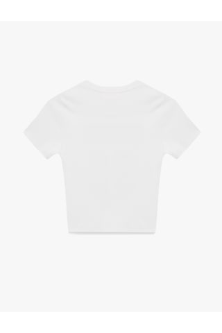Koton Slim Fit Kısa Kollu Bisiklet Yaka İşlemeli Pamuklu Tişört Ekru 6sal10058ık Ekru