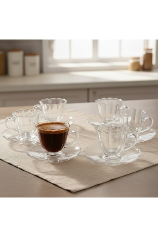 Olive Cam 6 Kişilik Tabaklı Türk Kahvesi Espresso Fincan Seti 6 X 90 Ml Şeffaf