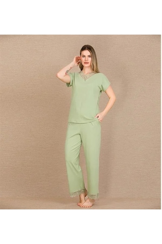 Veraura Lifestyle Kadın Pamuklu Şık Tasarım Dantel İşlemeli Yeşil Kısa Kol Pijama Takımı