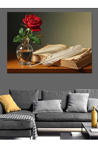 Kırmızı Gül Ve Kitap Dekoratif Kanvas - Mdf Ahşap Tablo