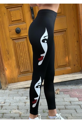 Soonaksesuar Kadın Yüz Baskılı Dalgıç Kumaş Tayt SiYAH