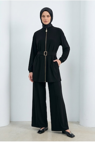 Armine Trend Boydan Fermuarlı Beli Kemerli Pantolonlu İkili Takım Siyah 26yt6138
