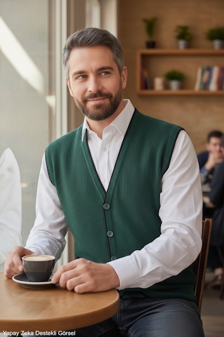 Kamalı Erkek Nefti V Yaka Triko Düğmeli Cepli Çizgi Desenli Regular Fit Tüylenmeyen Örgü Yelek