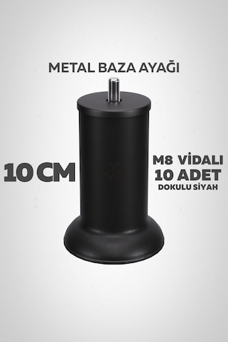 Baza Ayağı 10 Cm M8 Vidalı 10 Lu Set Metal Siyah Yatak Mobilya Ayağı İnce Vida Siyah M8 10 Cm