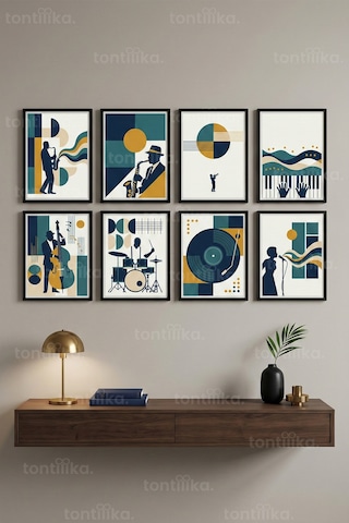 8 Parça Retro Caz Müzik Dekoratif Çerçeve Görünümlü Tablo Seti - Retro Tema
