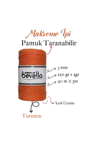 Taranan Makrome Ipi 3mm Tek Büküm Taranabilir Pamuk Makrome Ipi Turuncu
