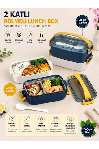 Vagonlife Vgn-462 Lacivert-beyaz 1400 Ml 3 Bölmeli Paslanmaz Çelik Lunch Box Beslenme Kabı Çok Renkli