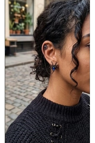 Dükkan Design Lowe And Deep Spice Mavi Taşlı Piercingli Küpe Antrasit