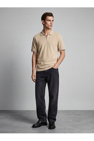 LTB Fermuarlı Pike Polo Yaka Bej T-shırt